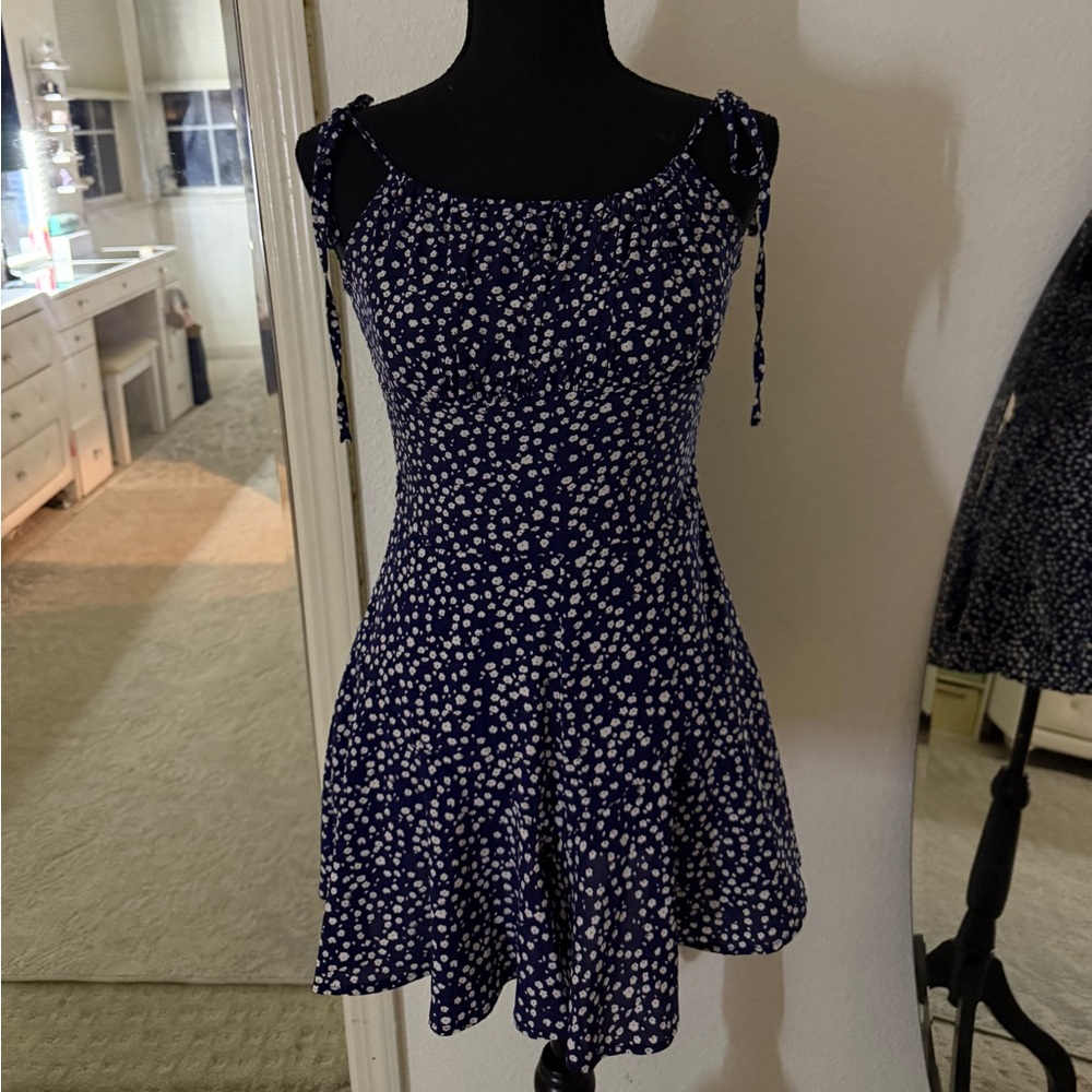 Blue and white polka dot floral dress